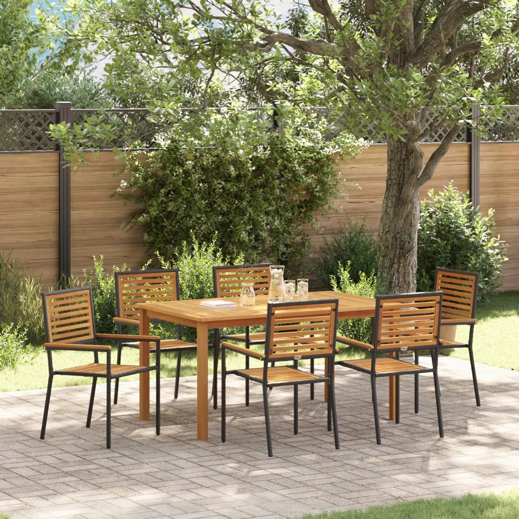 7 részes kert étkező szett fekete polyrattan akáciával, Stackelhető kerti székek párnákkal 2 db fekete polyrattan