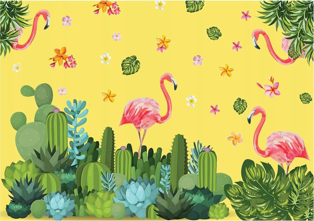 Fotótapéta Flamingók és kaktuszok Trópusi paradicsom a falon 254x184 +ragasztó