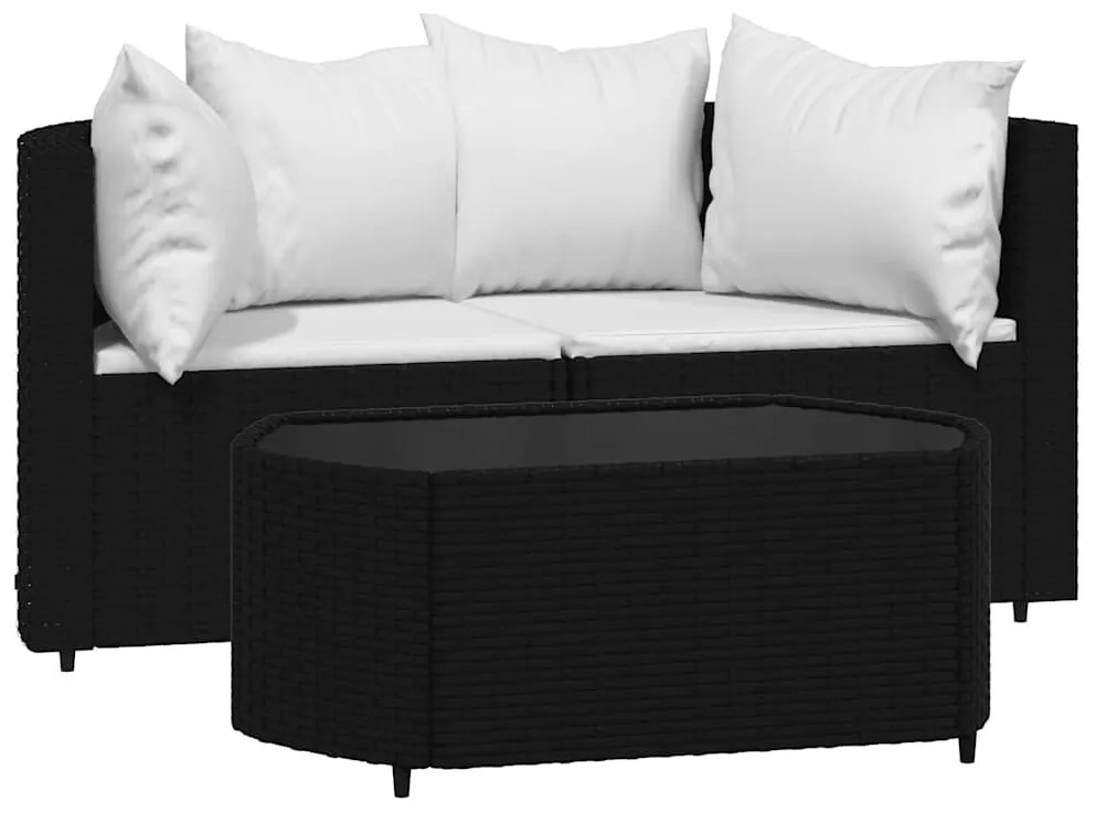 3 részes fekete polyrattan kerti ülőgarnitúra párnákkal