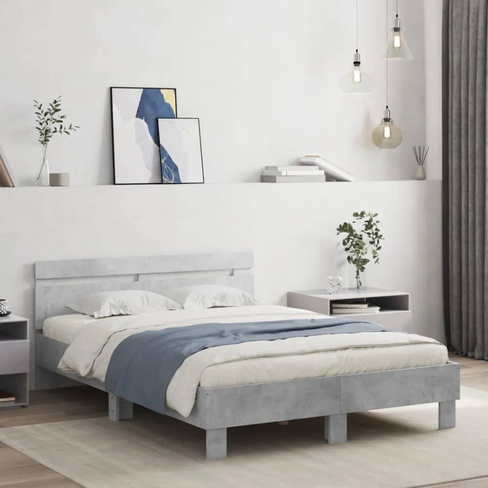 betonszürke szerelt fa ágykeret fejtámlával 135x190 cm