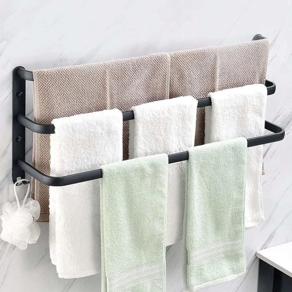 Fürdőszobai Törölközőtartó Fali Akasztó 3 kar 2 kampóval 50cm Fekete