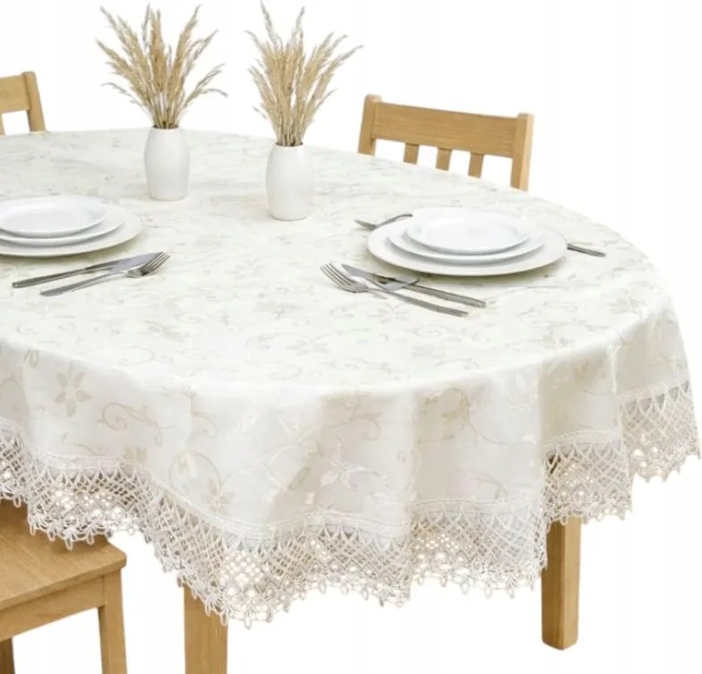 Abrosz Ovális asztalra krémszínű Ecru gipiura csipke 130x180 foltálló