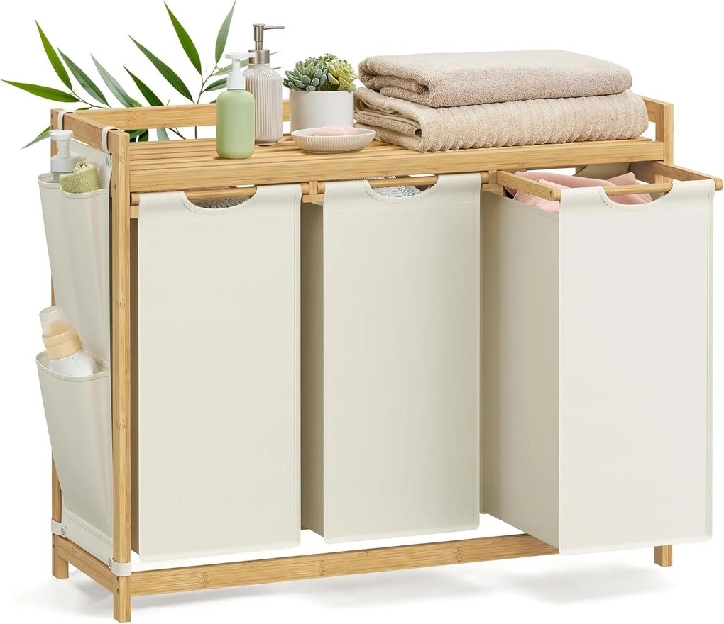 Szennyeskosár 3 rekesszel, 3 x 50 l, 94 x 33 x 78 cm, krémfehér