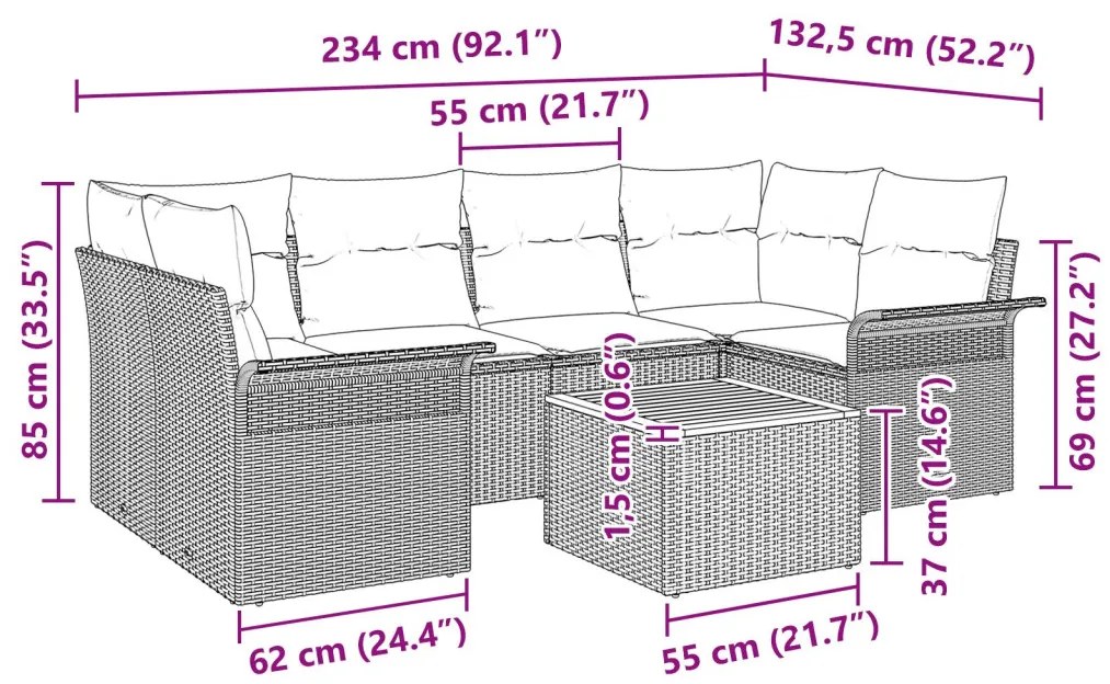 7 részes Kert Kanapé Szett Párnákkal Fekete Poli Rattan Akác
