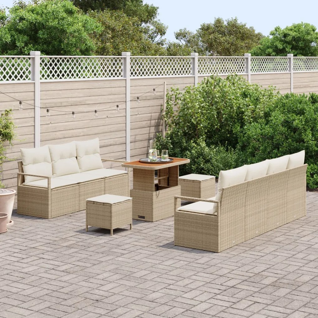 10 Darabos Kerti Kanapészett Párnákkal Bézs Poly Rattan Akáciával, 2 Fős Kerti Kanapé Tárolóval &amp; Párnákkal Bézs Poly Rattan, 3 Darabos Kerti Étkezőszett Párnákkal Bézs Poly Rattan Akáciával