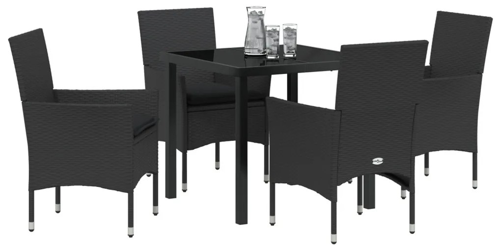 5 darabos Kerti Étkezőkészlet Párnákkal Fekete Poli Rattan, Kerti Asztal Fekete 80x80x73 cm Edzett Üveg