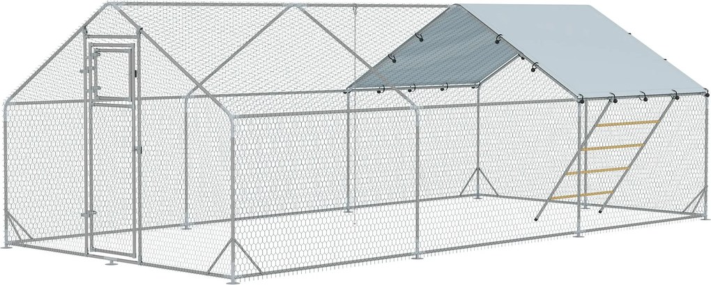 PawHut Elemekből Készült Tyúkól és Kert, Acélból, 3 x 6 x 1.95 m Tyúkketrec UV-ellenálló Borítással, Etetőajtóval, Függő Etetővel, Ülőfával, Tyúkkerte