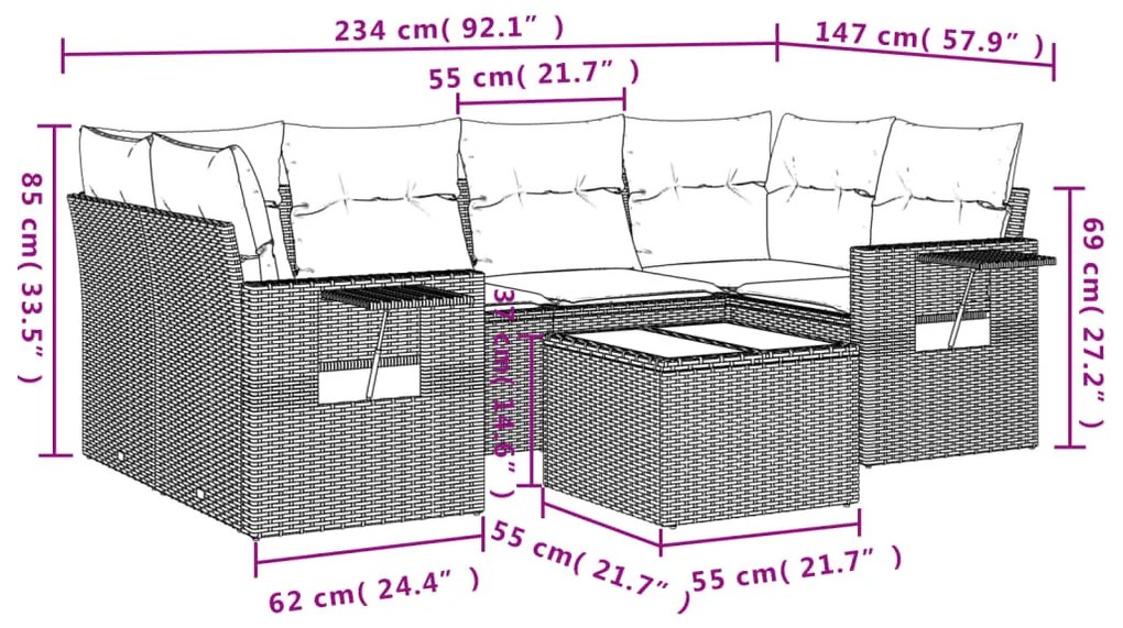 7 részes bézs polyrattan kerti ülőgarnitúra párnákkal