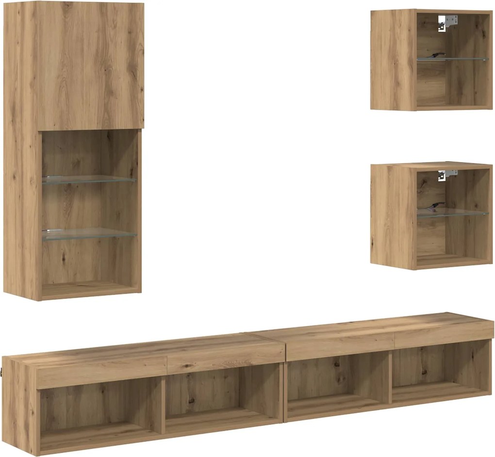 vidaXL TV Fali Egységek LED-del 5 pcs Artisan tölgy Faanyag