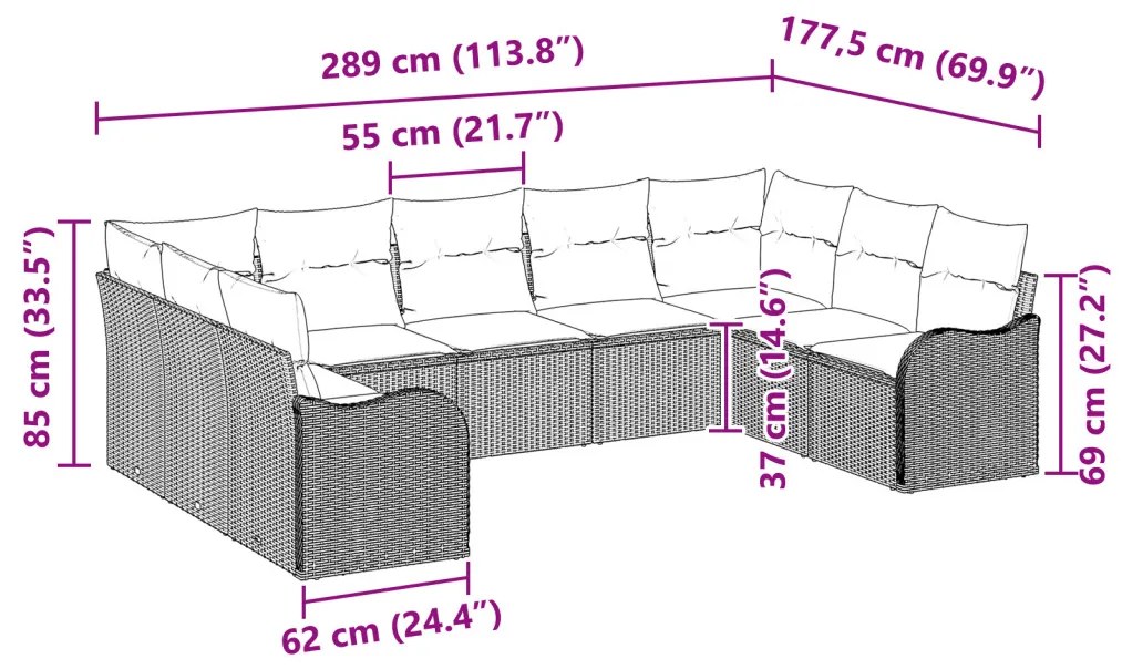 9 darabos kert kanapé szett párnákkal Fekete poli rattan, 2-fős kert kanapé párnákkal Fekete poli rattan