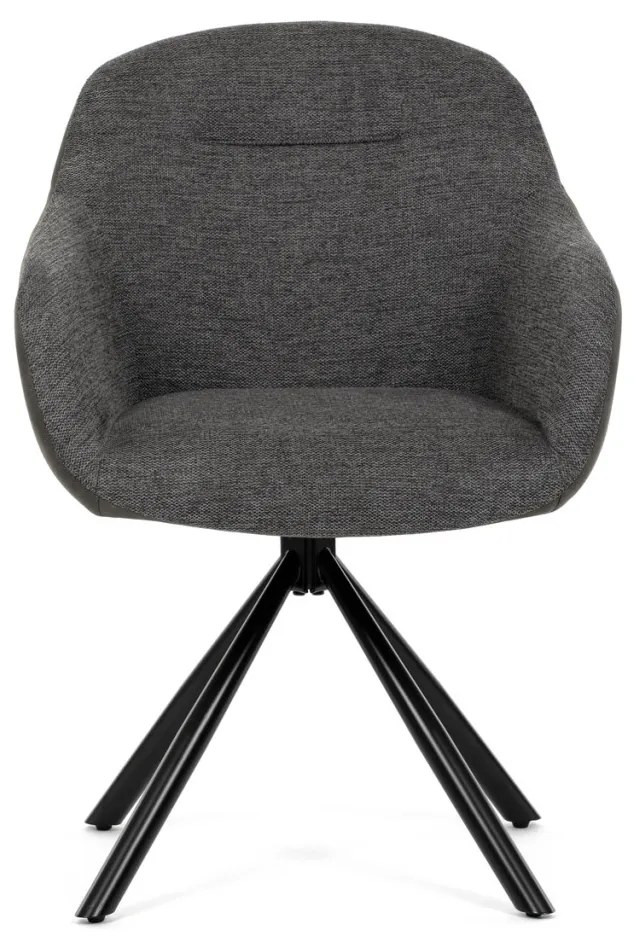 Scaun de sufragerie pivotant, țesătură gri și țesătură gri închis, cu decor vintage din piele, metal negru, mecanism de retragere rotativ P90°+ L90°.