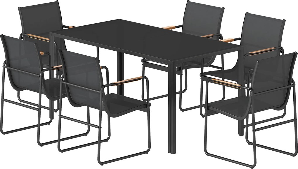 Outsunny 7 részes kültéri étkezőgarnitúra — 150×80 cm edzett üvegasztal, 6 hálós szék | Aosom