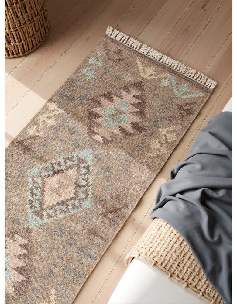 Világoskék-bézs kétoldalas kézi szövésű gyapjú futószőnyeg 60x190 cm Kamal Dune – Nouristan