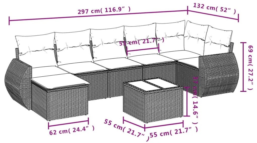 8 részes bézs polyrattan kerti ülőgarnitúra párnával