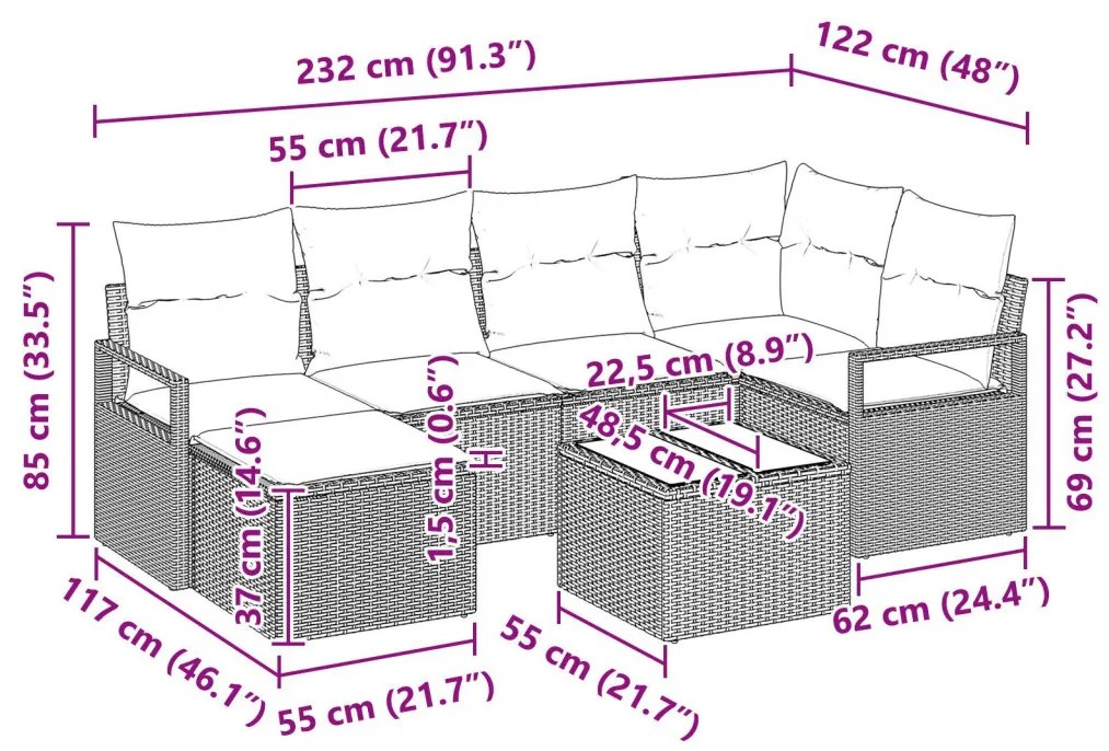 6 Darabos Kerti Kanapé Garnitúra Párnákkal Fekete Poli Rattan, 2 Személyes Kerti Kanapé Párnákkal Szürke Poli Rattan