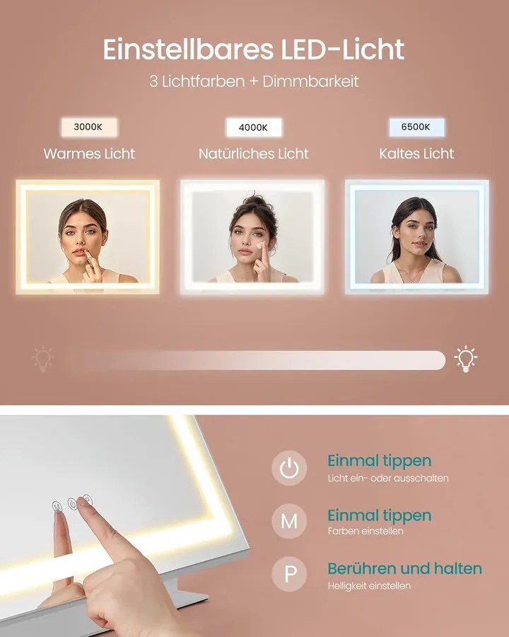 SONGMICS sminktükör világítással, kozmetikai tükör LED-világításal, 58 x 43 cm