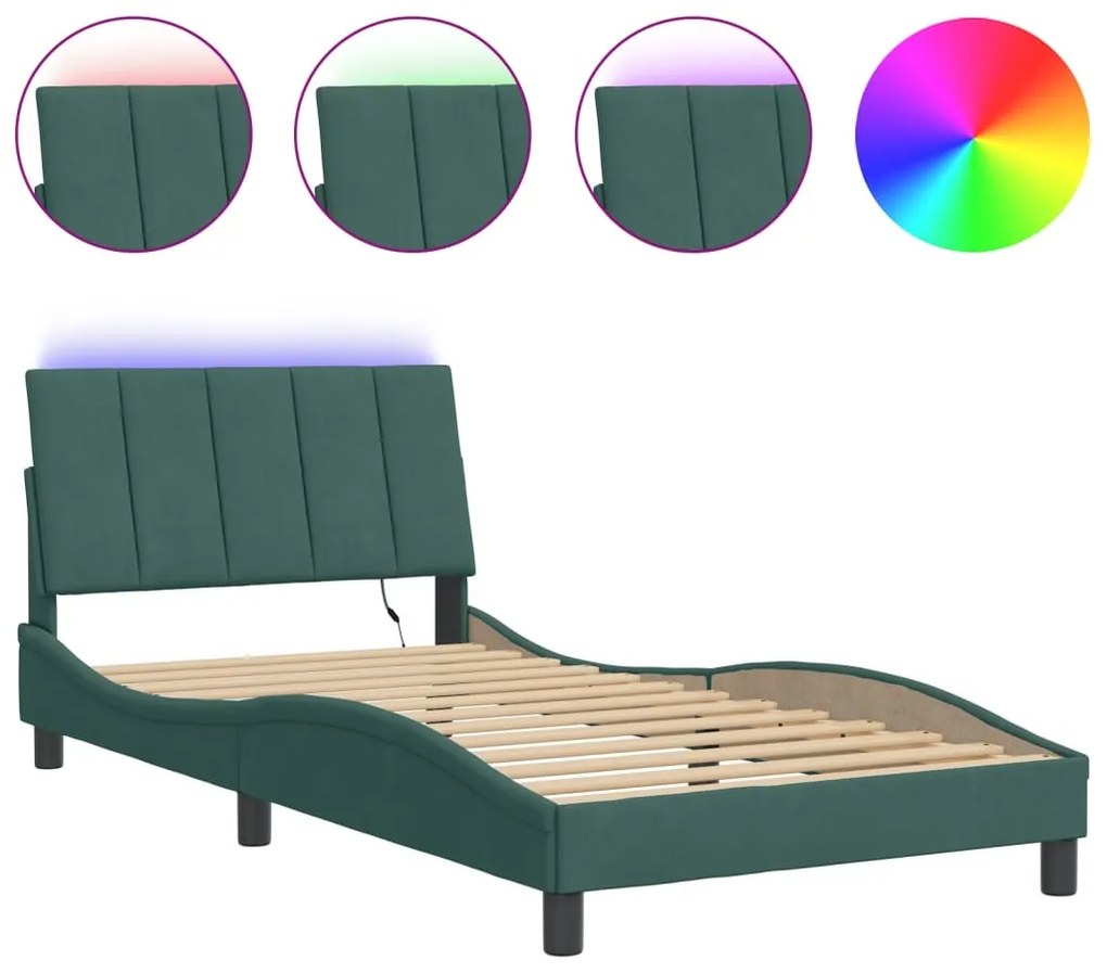 sötétzöld bársony ágykeret LED-ekkel matrac nélkül Hanko 100 x 200 cm