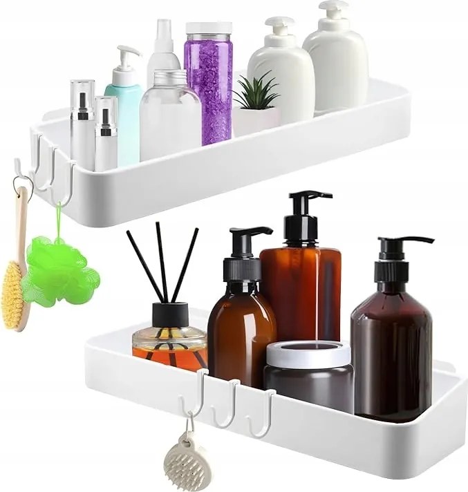 2 db fürdőszobai polc, fúrás nélkül, 6 levehető akasztóval