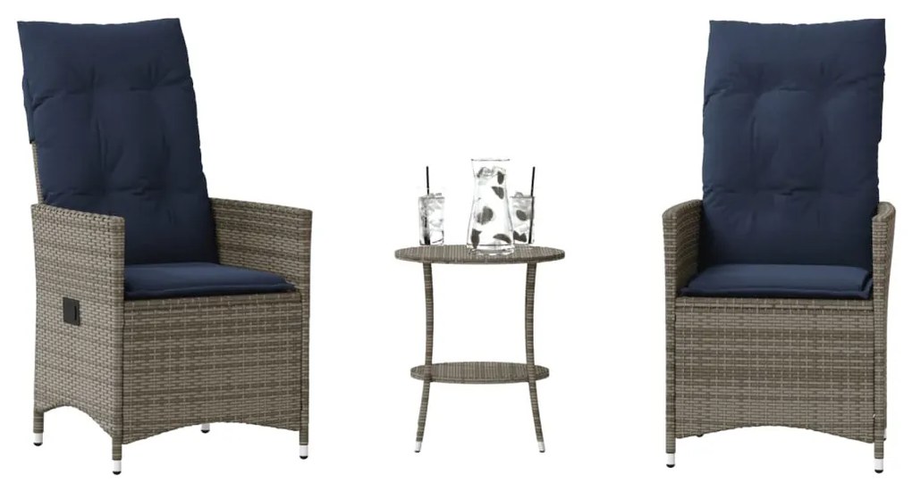 3 darabos szürke polyrattan bisztrógarnitúra párnákkal