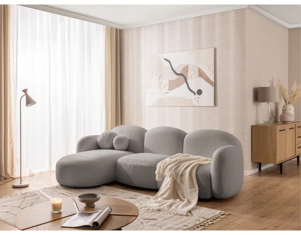 Szürke buklé sarokkanapé (bal oldali-heverő résszel) Orbit – Ropez