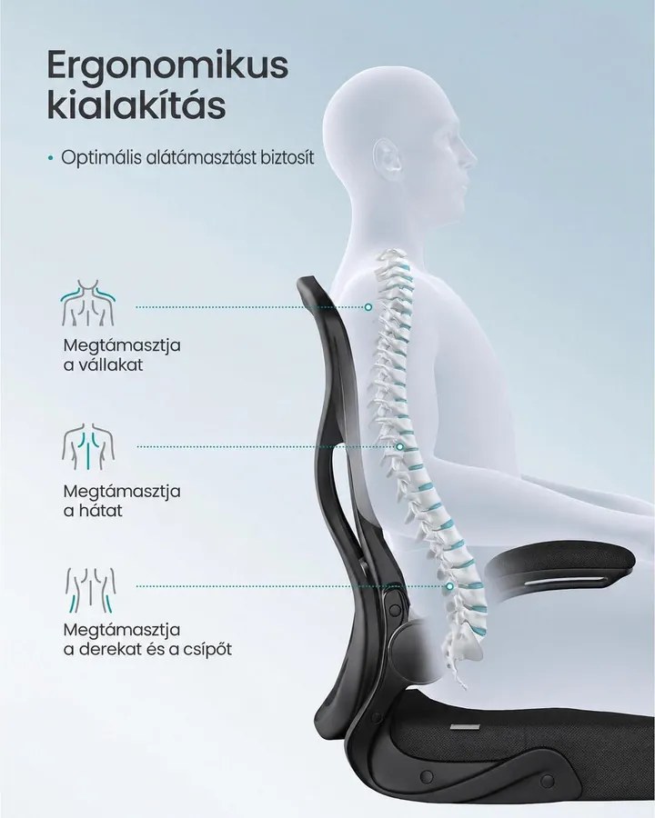 Ergonomikus irodai szék hálós háttámlával, deréktámasszal és felhajtható kartámasszal, fekete