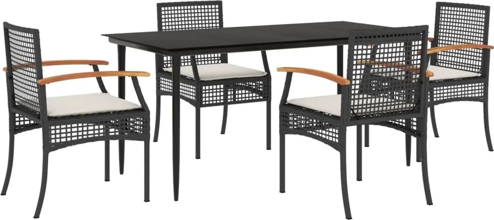 vidaXL 5 részes fekete polyrattan kerti étkezőgarnitúra párnákkal