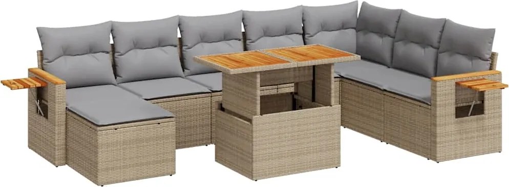 vidaXL 9 részes bézs polyrattan akácfa kerti ülőgarnitúra párnákkal