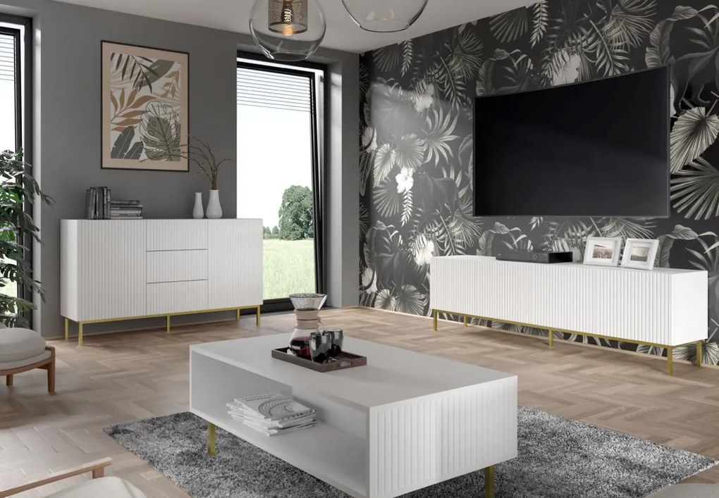 SUPORT TV RAVENNA 150 CM, ALB MAT, CU PICIOARE AURII, SUPORT TV RAVENNA B 3D