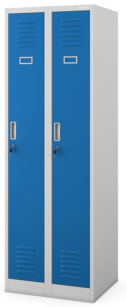 Pléh öltözőszekrény talpazaton, négymodulos, polcokkal KACPER II, 600 x 1800 x 500 mm, kék