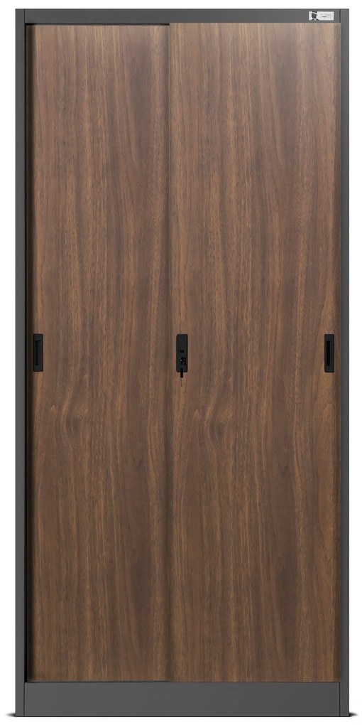 Fém iratszekrény polcokkal tolóajtókkal KUBA, 900 x 1850 x 400 mm, Eco Design: antracit/ dió