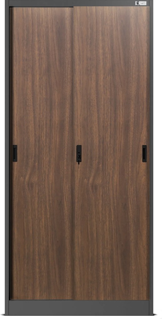 Fém irodai szekrény tolóajtókkal, antracit/dió, 900x1850x400 mm: KUBA Eco Design