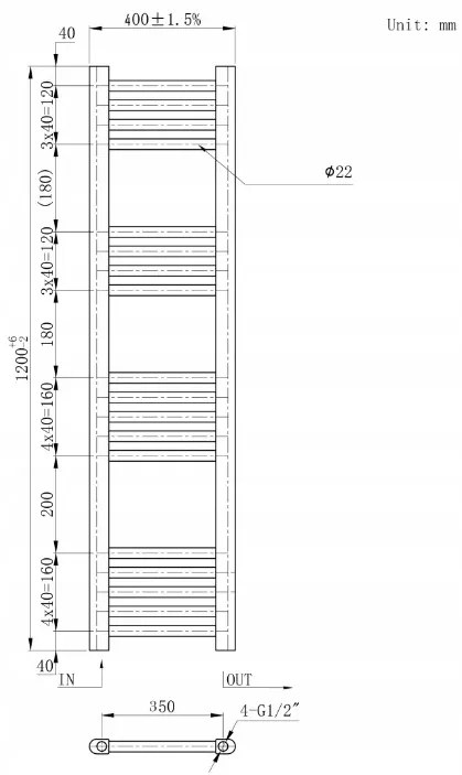 Erga Basic, fűtőelem 1200x400 mm, 409 W, fekete, ERG-LAV-BASIC-12040-BK