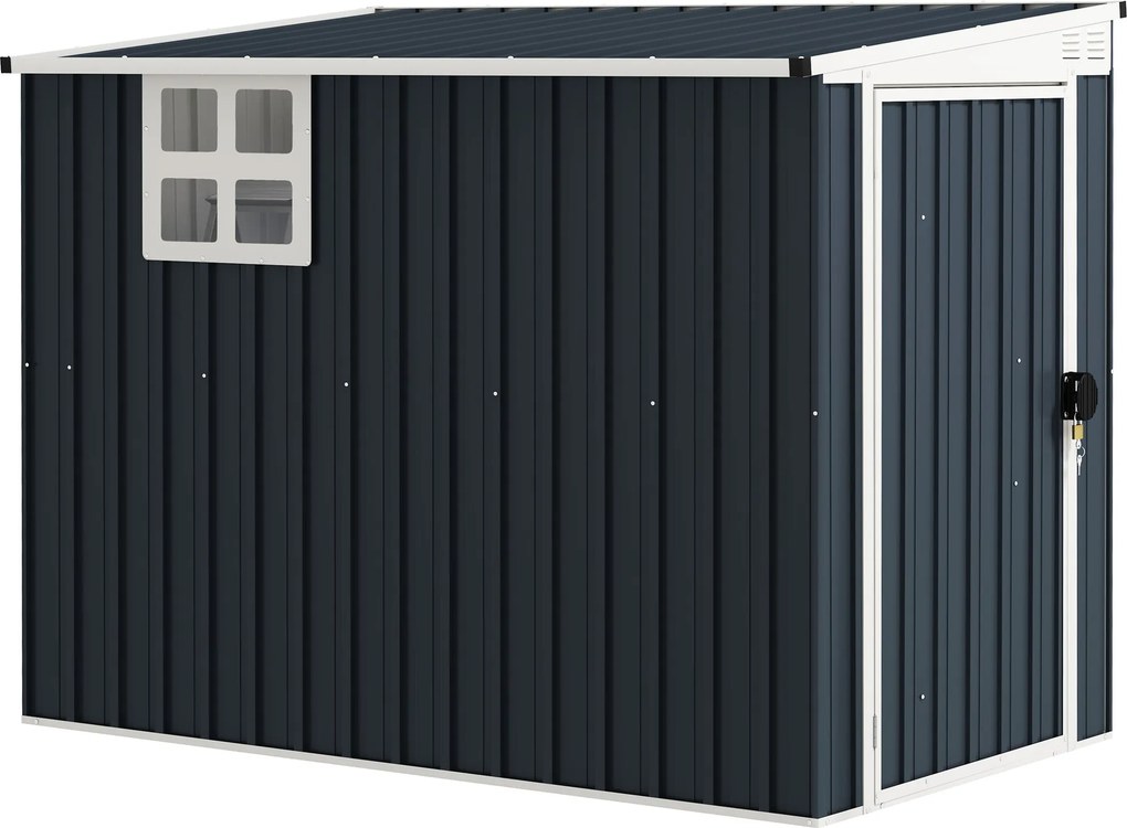 Outsunny Fém Szerszámtároló 2.7m² 128x231x181cm Kerti Tároló Mono-Pitched Tető Ablakkal Zárható Ajtóval Időjárásálló Kerti Sátor Sötétszürke | Aosom