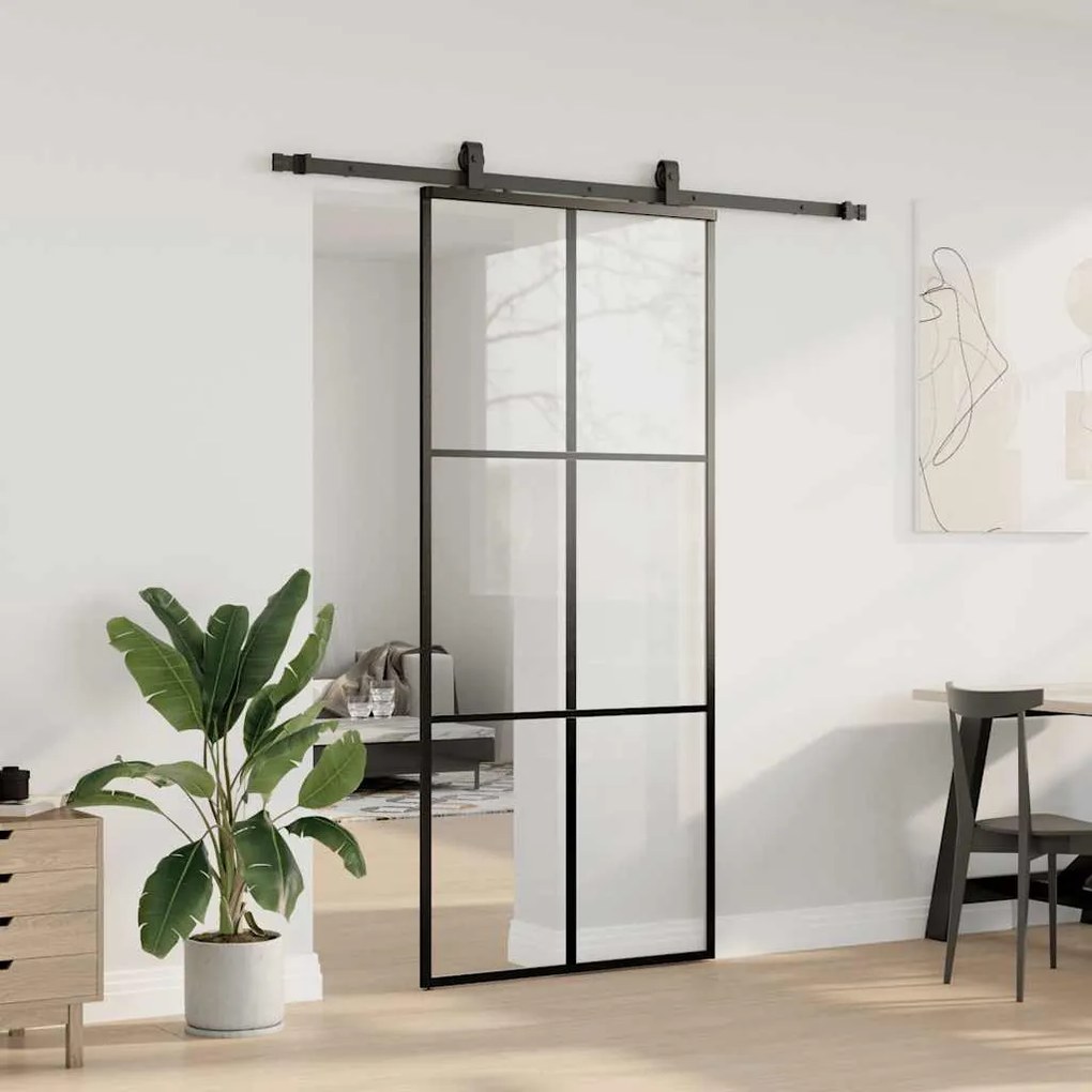 Fekete ESG üveg tolóajtó fémszerelvény-szettel 90x205 cm