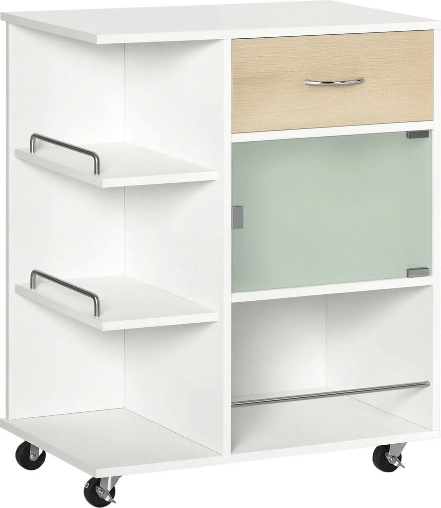 HOMCOM Konyhai Kerekes Szolgáltató Kocsi, 360°-ban Forgó Kerekek, Polcok Barikáddal, Középkonyhai Sziget, Fiókkal, Polcokkal, Szekrénnyel, 65 x 39 x 8