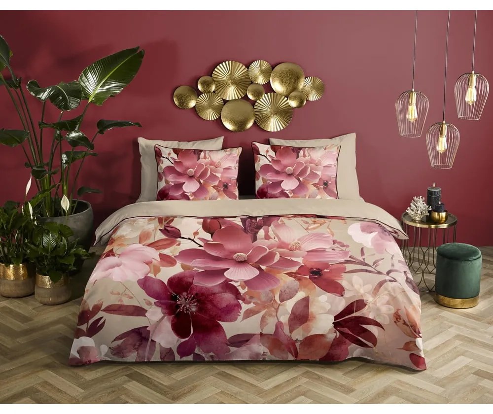 Rózsaszín-bézs egyszemélyes-hosszabbított pamut-szatén ágyneműhuzat 140x220 cm Chaja – Descanso