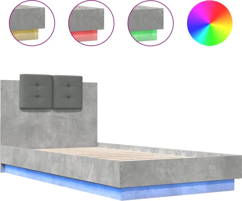 vidaXL betonszürke ágykeret fejtámlával és LED-világítással 75x190 cm