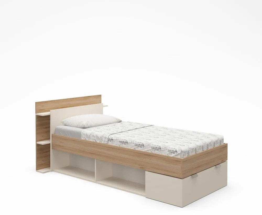 Fehér-natúr színű ágyneműtartós egyszemélyes ágy ágyrács nélkül, tölgyfa dekorral 90x200 cm Albo – Marckeric