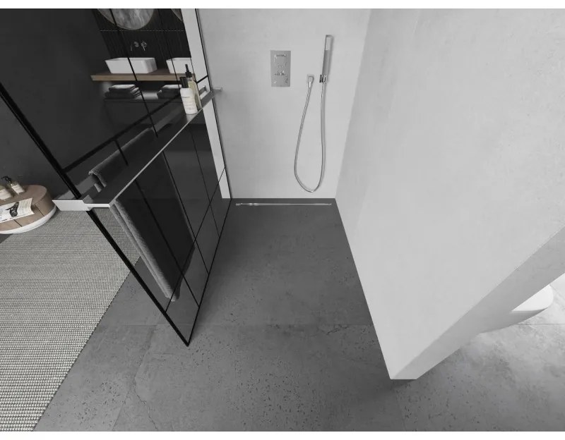 Mexen Kioto+ L, Walk-In zuhanyparaván polccal és akasztóval 80 x 200 cm, 8 mm átlátszó üveg fekete mintás, króm profil, 800-080-123-01-78