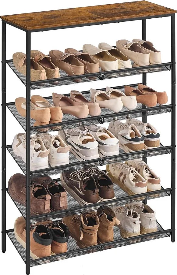 VASAGLE cipőtartó állvány, 6 szintes, 28x75x114 cm, barna-fekete