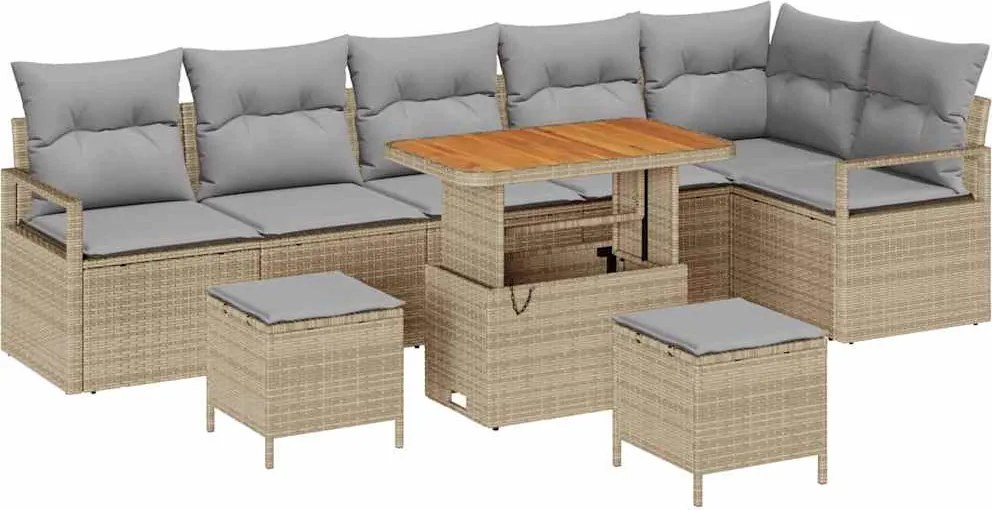 vidaXL Kerti Kanapé Szett párnával 9 pcs Bézs Poli rattan