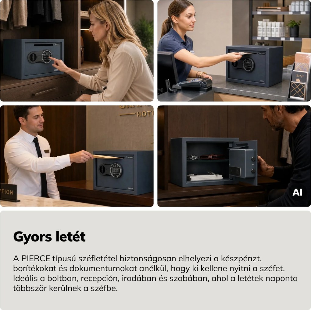 Kis bedobós széf kódzárral, elektronikus, napi bevételhez és borítékokhoz, 350x250x250 mm: PIERCE