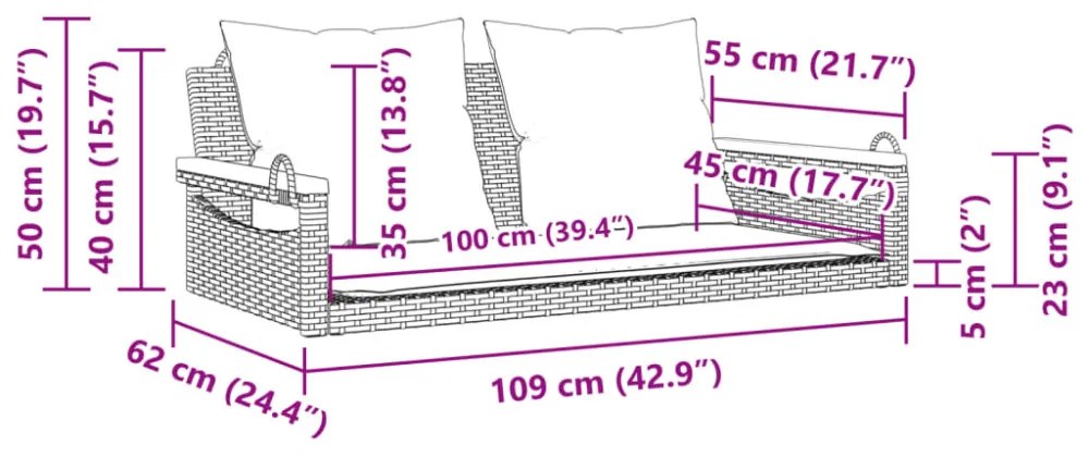 fekete polyrattan hintapad párnákkal 109 x 62 x 40 cm
