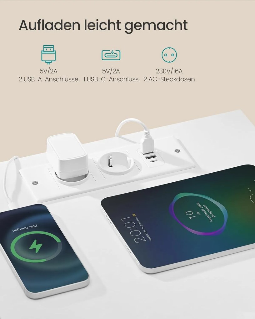 SONGMICS éjjeliszekrény töltőállomással, állítható LED-világítással, hófehér