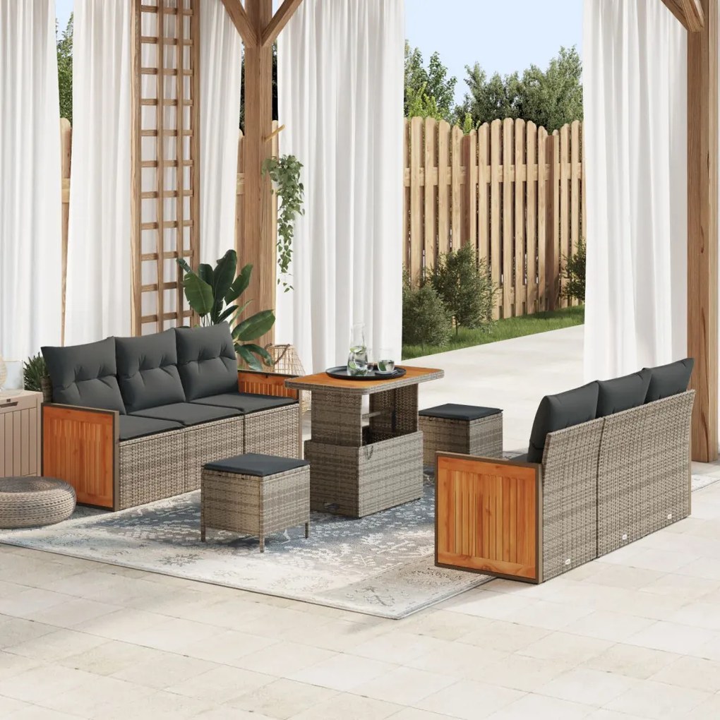 9 részes kerti kanapé szett párnákkal, szürke poli rattan akác, 2 személyes kerti kanapé párnákkal, szürke poli rattan, 3 részes kerti étkező szett párnákkal, szürke poli rattan akác
