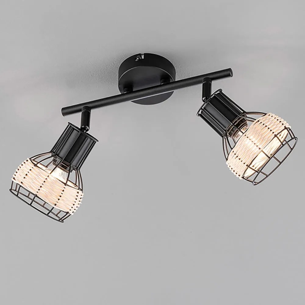 Fekete mennyezeti lámpa fém-rattan búrával 10x28 cm Straw – Fischer & Honsel