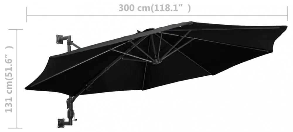 fekete falra szerelhető napernyő fémrúddal 300 cm