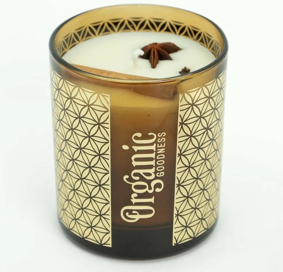 Organikus füstölő gyertya Lemongrass & Spice200 g üvegben, aranyfóliával