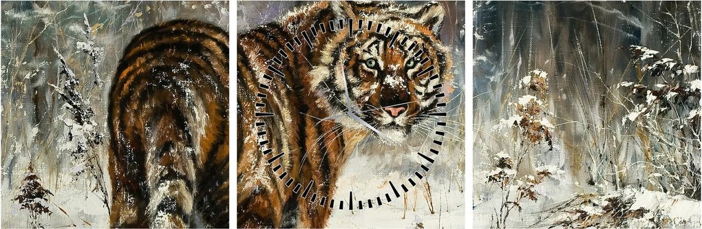 Kép - tigris a havas erdőben, olajfestmény (órával) (90x30 cm)
