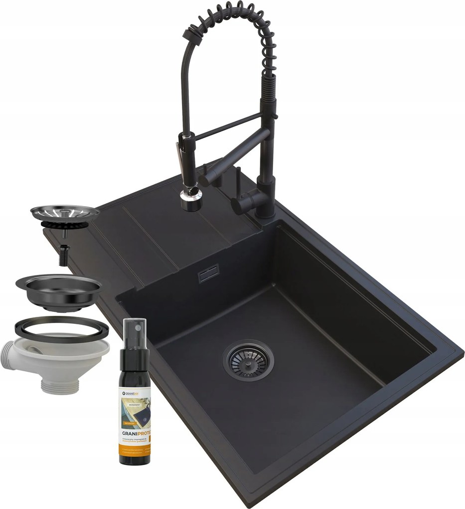 Gránit Mosogató Fekete Szifon Csaptelep Spirál Louis